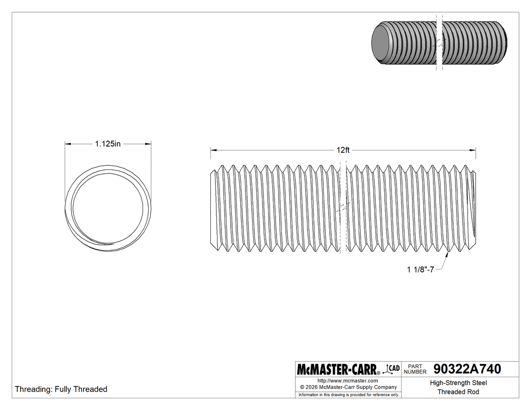 Technical Drawing of High-Strength Steel Threaded Rod, 1-1/8"-7 Thread Size, 12 Feet Long.
